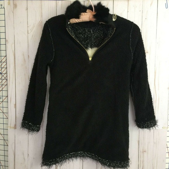 Vtg Designer Sweater Sz XS Fleece Lined Rabbit Fur Smily Face Applique Collared - Picture 5 of 6